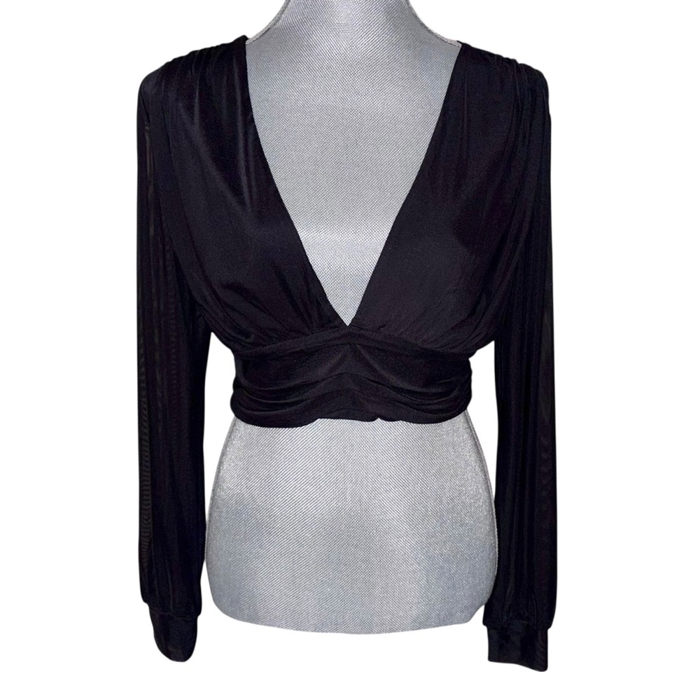 Sincerely Jules Black Sheer Long Sleeve V-Neck Crop Top